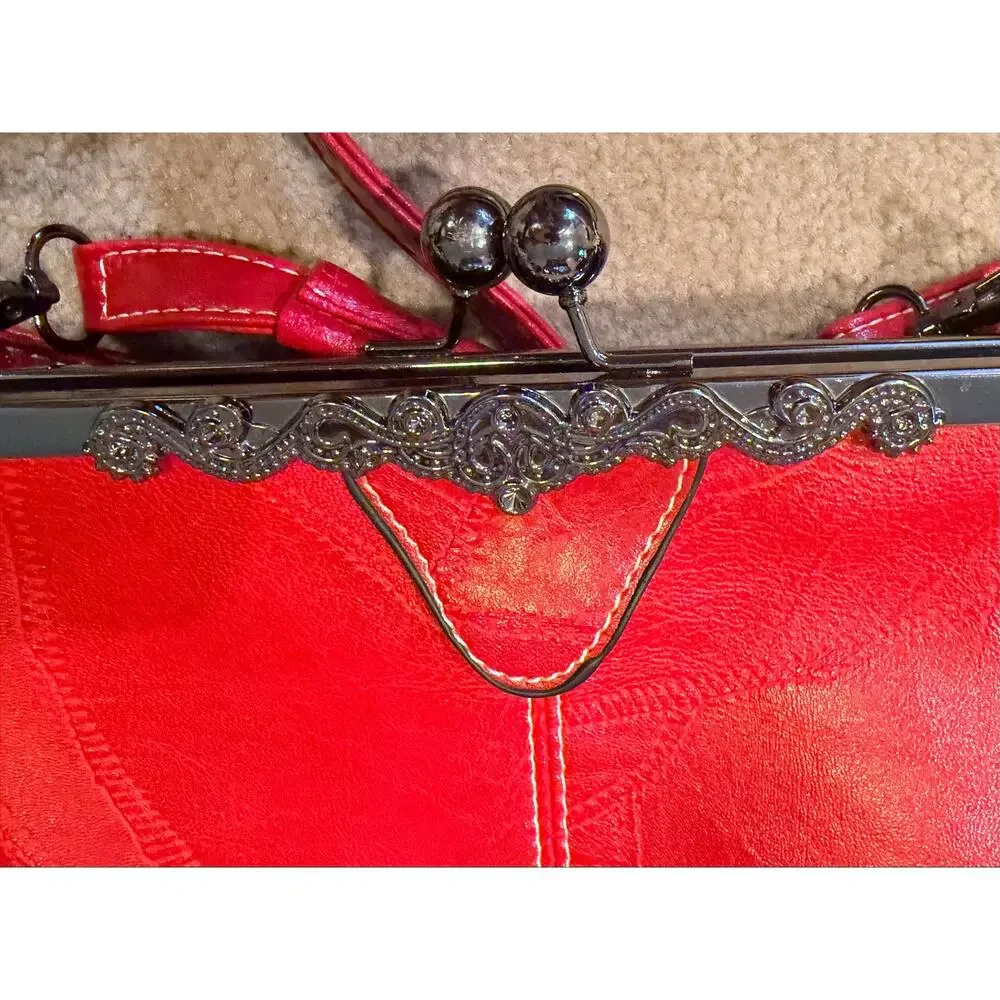 Red Faux Leather Vintage Style Kiss Lock Crossbody Shoulder Bag Handbag Purse